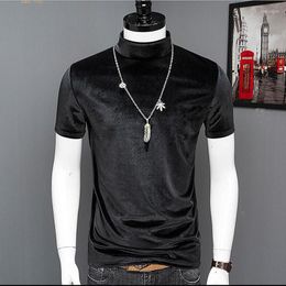 Men's T Shirts 2023 Summer Men Short Sleeves Velvet Tops Black Brown Blue Solid Half Turtleneck Velour T-Shirts Plus Size 5XL 6XL 7XL