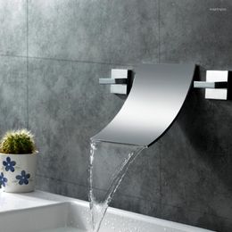 Bathroom Sink Faucets Luxury Design 2 Handles Waterfall Faucet Chrome Brass Basin Wall Mount MLFALLS