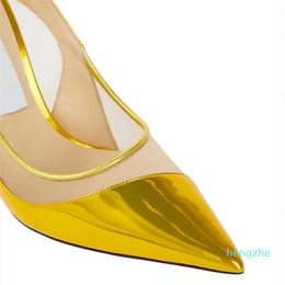 Fashion Sexy Women Sandal Pumps London Love 100 mm Pumps In Leather And Mesh Delicate Purple Gold Pointed Toe Designer