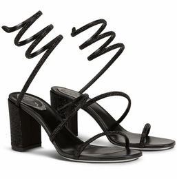 Perfect Renes- Women sandal BLACK LOW-HEELED SANDALS CLEO strass shoes Summer Margot Jewel Sandals Crystal snake heel block Heels Lady