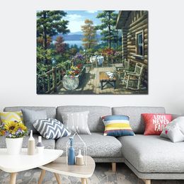 Contemporary Landscape Canvas Art Log Cabin Porch I Sung Kim Handcrafted Oil Painting Unique Style for Entryway