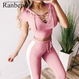 Women's Tracksuits Women's Tracksuit 2020 V-Neck Sets Sport Clothes Ladies Striped Active Sport S-2XL Size Fitness Workout Bandage 2 Piece Set T230605