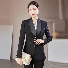 Women's Two Piece Pants Long Sleeve Green Collar Black Fashion Suit Fabric Elegant Formal Clothes Socialite Work Uniforms White Business