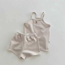 Clothing Sets Korean Baby Toddler Boys and Girls Set Cotton One Button Strap Top Shorts