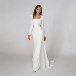 Elegantes Satin-A-Linie-Hochzeitskleid mit quadratischem Ausschnitt, langen Ärmeln, rückenfrei, Party-Brautkleid, Brautkleid, Sommer, Boho, Vestido De Noiva