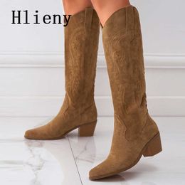 Boots Hlieny 2023 New Retro Spring Winter Knee High Boots Women Comfy Walking Fashion Pointed Toe Female Western Cowboy Boot High Heel Z0605