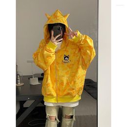 Women's Hoodies Hikigawa Chic Fashion Women Devil Ox Horn Coat Streetwear Lovers Hip Hop Trendy Print Zipper Sweatshirt Cargidan Top