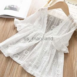 Outdoor Shirts New Girls White Blouse Cardigan Kids Thin Outwear Summer For Girl Lace Hollow Sun Protection Shirt Fashion Clothes 4-13y Jacket J230605