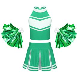 Cheerleading Kids Girls Cheerleading Costume Dance Outfit Sleeveless Zippered Tops with Pleated Skirt And 1 Pair Tassel Flower Ball Set 230603