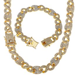 Hip Hop Men 14K Gold Plated 13MM Miami Cuban Chain Lad Diamond Necklace Bracele Set