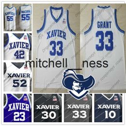 Mit8 NCAA Xavier Musketeers #33 Brian Grant 23 Byron Larkin 30 David West 42 Tyrone Hill College Basketball white Grey blue black Jersey S-4XL