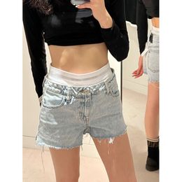 Women Waistband Denim Shorts Fashion Brief Layer Jean Blue Ladies Elasticated Embellished Peeking Over