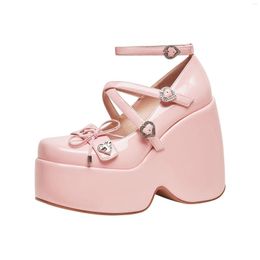 Dress Shoes 2023 Round Toe Pink Mary Jane Bow Rhinestone Cross-Strap Line Buckle Patent Leather Thick Sole Women Single Pumps
