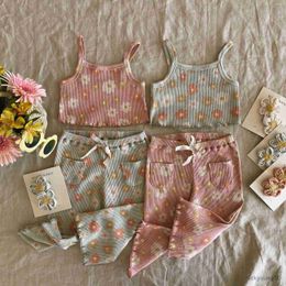 Clothing Sets Lovely Children Summer Ribbed Floral Print Sleeveless Tanks Tops and Elastic Waist Pocket Long Pants Casual Outfits