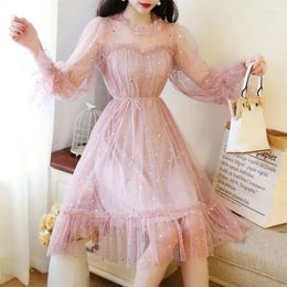 Casual Dresses Cute Kawaii Dress Princess Fairy Lace Mesh Pentagram Decorate Summer Women Temperament Long Sleeve High Waist