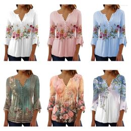 Women's Blouses Womens Summer Ruffled Flared 3/4 Sleeve Top Elegant Button Up V-Neck Boho Floral Print Pleated Tunic Drop