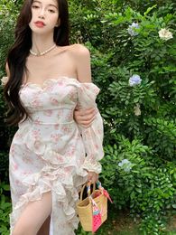 Casual Dresses Edible Tree Ruffle Chiffon Slit Boho Midi Long Dress Women Y2k Clothes One Piece Korean Fashion 2023 Vestido Robe