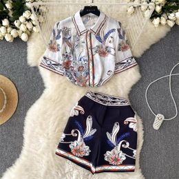 Women's Tracksuits Women Vintage Flower Print Lady Chiffon Blouses Shirt And High Waist Shorts Two Piece Set Fashion Temperament Summer 2023