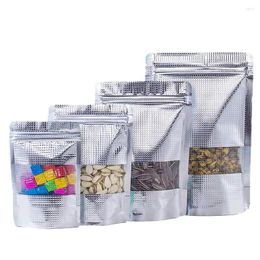Storage Bags 100Pcs Silver Plaid Tattoo Aluminium Foil Transparent Window Food Packaging Bag Dried Fruits Nuts Chocolate Tea Stand Up Zip
