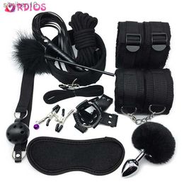 VRDIOS BDSM Sex Bondage Set Hands Gag Whip Nipple Clamps Erotic Sex Toy for Women Couples Adult Sex Shop Anal Butt Plug Tail L230518