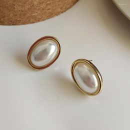 Stud Earrings 925 Sterling Silver Jewellery White Shell Pearl Oval Bead Solid Gold Korean For Women Mothers Gifts