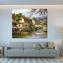 Country Village Canal by Sung Kim Painting Handmade Canvas Art Serene Countryside Modern Bedroom Decor Vibrant
