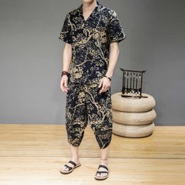 Men's Tracksuits Summer clothing Japanese retro casual kimono short sleeved shirt pants men's printed cotton linen set P230605