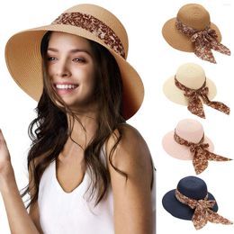 Wide Brim Hats Women Dome Top Caps Tie Dye Ribbon Bandage Straw Hat Beach Foldable Sun Floppy Roll Up Protection Cap UPF 50