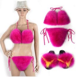 Sandals Fashion Slippers Women Fur Bikini Bra Summer Beach Shoes Underwear Detachable Thick Fluffy Set 230417