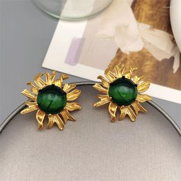 Stud Earrings European And American Retro Metal Large Flowers Inlaid With Green Glass For Women Exaggerated Fashion