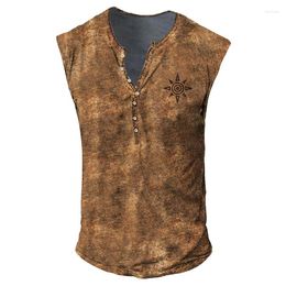 Men's Tank Tops 2023 Summer Casual Buttoned Crew Neck Mens Vintage Pattern Printed Loose Sleeveless Camisole Streetwear Men Vest Shirt