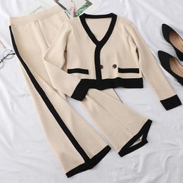Women's Two Piece Pants Knitted Women Sets V-Neck Short Loose Sweaters And High Waist Wide Leg Ankle Length Pant Female Suits Top Quality