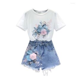Women's Tracksuits Suit 2023 Summer Female Embroidery Sequins Three-Dimensional Flowers 2PCS Short Sleeve T-Shirt Cowboy Shorts Two Piece