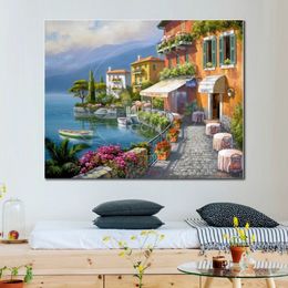 Modern Cityscape Canvas Art Seaside Bistro Cafe Handmade Sung Kim Painting Charm to Your Kitchen Wall Decor