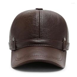 Ball Caps Snapback Cap Men's Warm Cowhide Leather Baseball Cold Proof Earmuffs Hats 2023 Autumn Winter Men Natural Dad Hat