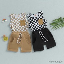 Clothing Sets Toddler Kids Boys Summer Clothes Sleeveless Checkerboard Print Pocket Tanks Tops and Solid Color Drawstring Shorts Outfits