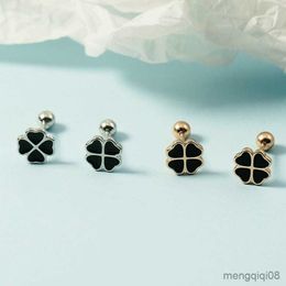 Charm New Sterling Silver Earrings For Women Trendy Black Flower Lucky Ear Studs Jewelry Girl Valentine's Day Gifts R230605