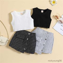 Clothing Sets Summer Toddler Girls Solid Color Sleeveless Ribbed Vest Irregular Button Skirt Baby Clothes Children Kids Outfits