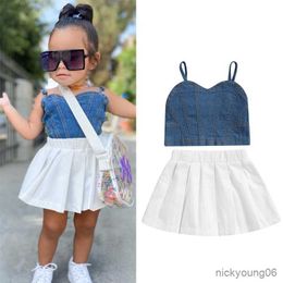 Clothing Sets Kid Girls Fashion 2Pcs Sling Sleeveless Patchwork Denim Tank Tops with Elastic Waist Pleated Short Skirts