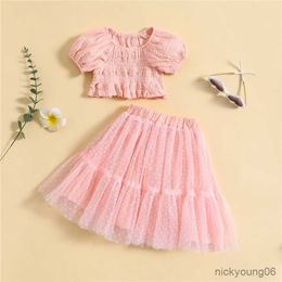 Clothing Sets Girls Summer Outfit Fashion Kid Children Solid Color Short Sleeve Pleated Crop Top with Dots Tulle Skirts