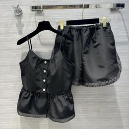 Women's Tracksuits Short Sets Women Summer Black White Button Lace Sleeveless Camis And Waisted Shorts Two Piece Set Sweet Loose Female