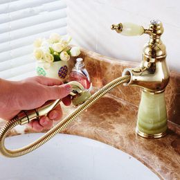 Bathroom Sink Faucets European-style Natural Jade Faucet Brass Pull Out And Cold Mixet Tap Deck Mounted Gold Basin J16960