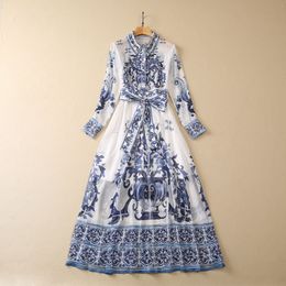 European and American womens clothes 2023 summer new Beaded lapels Long-sleeved belt fashion Blue Print Pleated Dress