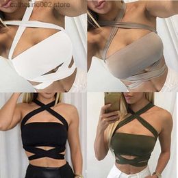 Women's Tanks Camis Women Sexy Strapless Tube Top 2021 Fashion Cropped Bandeau Tops Underwear Bras Halter Lace-Up Bandage Crop Tops White Black T230605