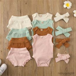 Clothing Sets 2022 Summer Newborn Baby Girl Boy Clothes Set Solid Sleeveless Ribbed Knit Romper Shorts Headband 3PCS Outfits Infant