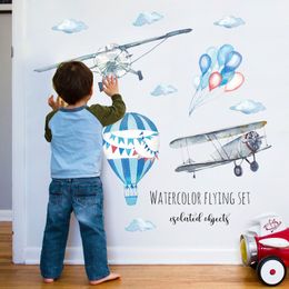 Watercolour Aeroplane Hot Air Balloon Wall Sticker Kids Baby Rooms Home Decoration PVC Mural Decals Nursery Stickers Wallpaper
