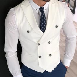 Jackets White Men Vest For Wedding Groom Tuxedos Double Breasted Slim Fit Peaked Lapel Waistcoat Solid Color Male Fashoin Best Man Vest