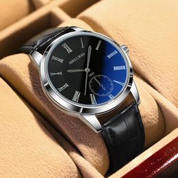 Wristwatches Men 2023 Watch Roman Numerals Blu-Ray Black Faux Leather Band Quartz Analog Business WristWatch