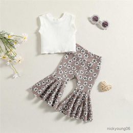 Clothing Sets Fashion Summer Girls Solid Ribbed Knitted Sleeveless Tanks Tops and Floral Print Flare Long Pants Casual Outfits