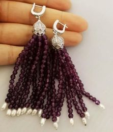 Dangle Earrings One Pair White Freshwater Pearl Purple Jades Round Faceted Nature Tassel FPPJ Wholesale Beads